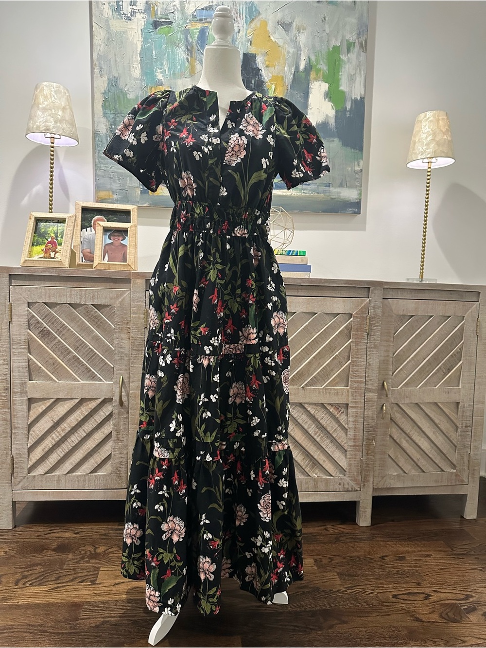 Anthropologie Maeve The Somerset Black Floral Tiered Maxi Dress